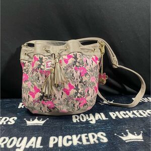 Disney Boutique Gray Cinch Top Purse Pink Flowers & Minnie Face Silhouette